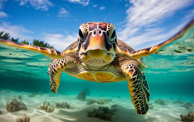 Obraz premium Turtle - eretmochelys imbricata floats under water. maldives indian ocean