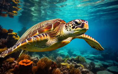 Obraz premium Turtle - eretmochelys imbricata floats under water. maldives indian ocean
