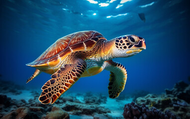 Fototapeta premium Turtle - eretmochelys imbricata floats under water. maldives indian ocean