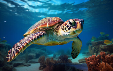 Fototapeta premium Turtle - eretmochelys imbricata floats under water. maldives indian ocean