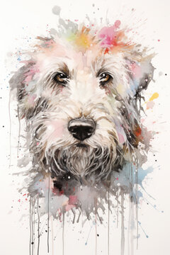 Watercolor dog illustration of a white Labradoodle.