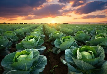 Rows of ripe cabbage farm in the evening sky - obrazy, fototapety, plakaty