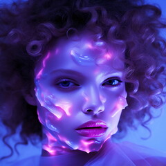 Woman with Violet Face Cream and Pink Lips in Neon Light AI Generated