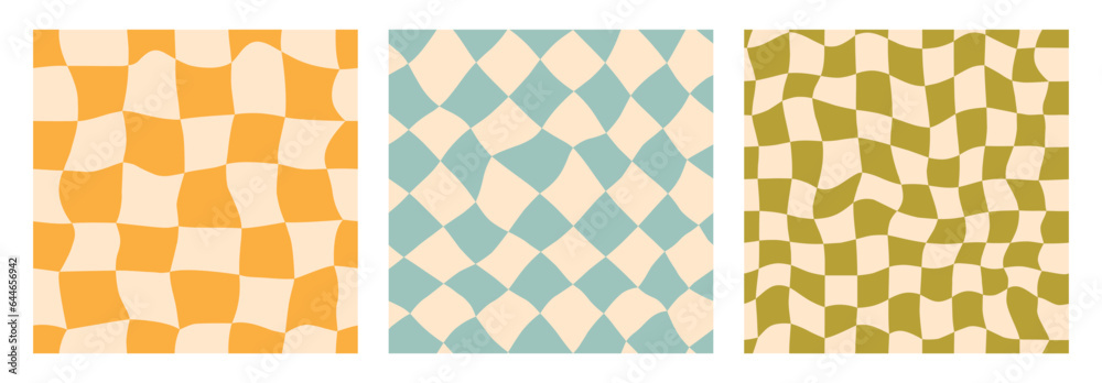 Aufkleber Seamless groovy checkerboard background set. Repeating retro wavy checkered pattern collection. Vintage psychedelic distorted gingham wallpapers. Twisted cage backdrop in 60s, 70s style. Vector pack
