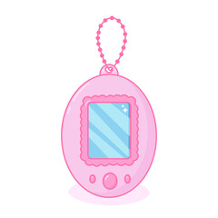 Pink retro tamagotchi toy. Japanese modern portable pocket game gadget of 90s.