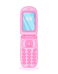 Cute pink flip phone. Retro nostalgia style. Y2k aesthetic.