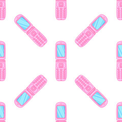 Cute pink flip phone. Retro nostalgia style. Y2k aesthetic. Seamless pattern.
