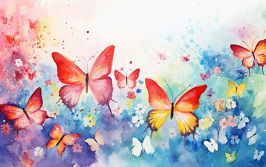 Watercolor colorful background with butterflies