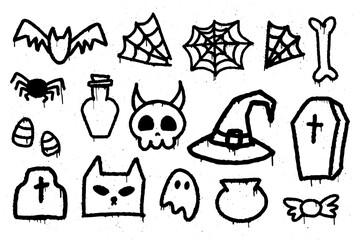 Halloween graffiti set. Trendy Y2K urban street style. Splash effects and drops. Grunge and spray texture. Collection of symbols, ghost, cat, witch hat, bat, spider web, skull, bone, candy, pot, tomb.