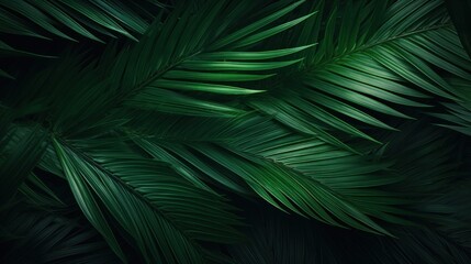 Abstract palm leaf texture, dark green foliage nature background.
