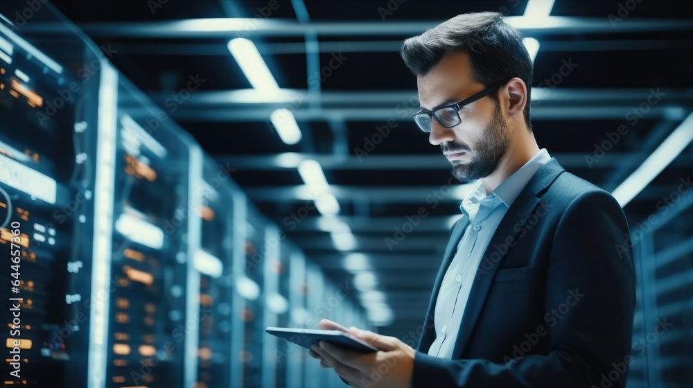Leinwandbilder administrator working with data protection engineering network for cyber security in data center.