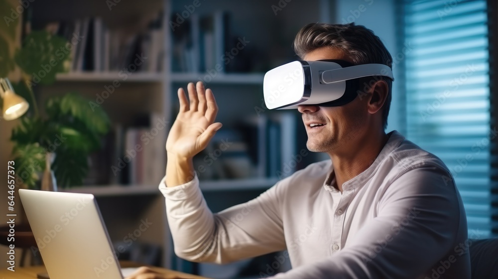 Aufkleber man wearing a vr headset and interacting with virtual screens at home, experiencing virtual reality.