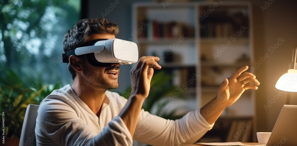 Poster man wearing a vr headset and interacting with virtual screens at home, experiencing virtual reality.