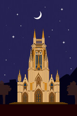 Conceptual illustration of the Church of Our Lady of Lourdes at night with moon and stars - Ilustracion conceptual de la Iglesia de nuestra senora Lourdes de noche con la luna y estrellas, chapinero