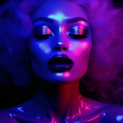 a woman with fluorescent makeup posing with her face painted blue and purple glow in the dark AI Generated