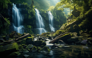Naklejka na ściany i meble Waterfall in deep forest on mountain