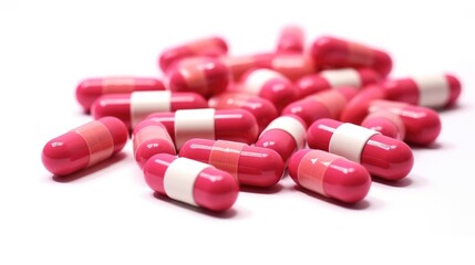 Medical, Pills, Many pink pills on white background. Medicinal treatment.