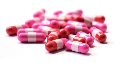 Medical, Pills, Many pink pills on white background. Medicinal treatment.