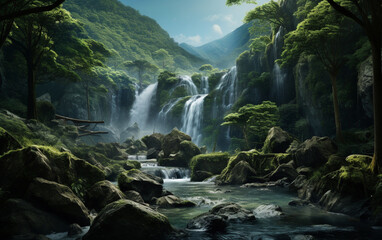 Naklejka na ściany i meble Waterfall in deep forest on mountain