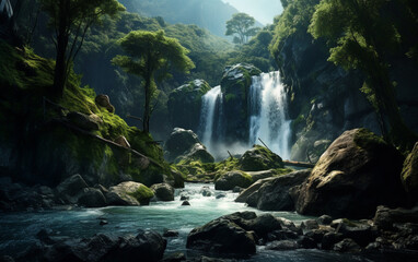 Waterfall in deep forest on mountain