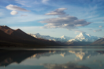 Lake at sunset surrounded by snow capped mountains