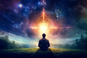 Man sitting on a field star filled with light, colorful vibrations, cosmic, raw energy. Euphoria with dreamy calming aura and psychedelic spirituality.