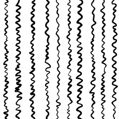 Seamless variable waved stripes vertical pattern. Monochrome black on white curves abstract vector background. Hand drawn curled monochrome line art. Wallpaper,textile, wrapping, banner, poster design