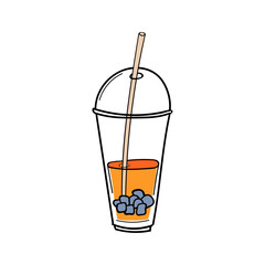 Hand drawn takeaway plastic glass with iced coffee, tea or juice, ice cubes and straw. Doodle colorful sketch style illustration. For menu, bar, coffee shop, cafe, restaurant, banner.