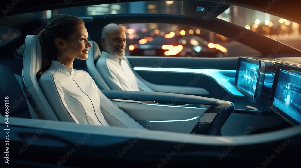 Poster people are ride in a self-driving car controlled by an artificial intelligence autopilot, future tec
