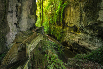 old cave in the forest with timber boardwalk