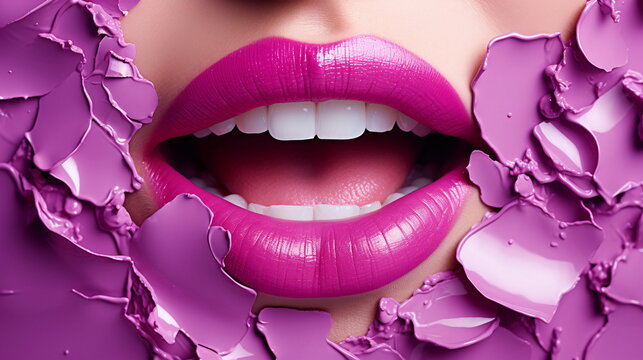 Lips on a Woman's Face with Purple and Pink Ripped Effect AI Generated