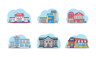 Illustration vector graphic Set of building on city town, cafe, police, fire station, hospital, post office, bank, cartoon style and children friendly good for element design