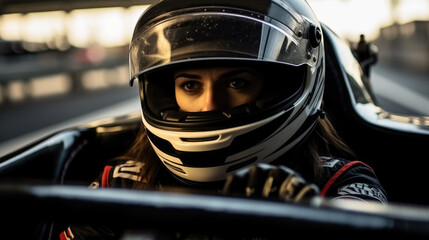 Naklejka premium Portrait of a professional woman sports car racer in a helmet driving auto on the track.