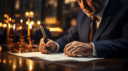 Businessman signing a document after reading the agreement in office