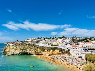 Fototapeta premium View of Carvoeiro fishing village with beautiful beach, Algarve