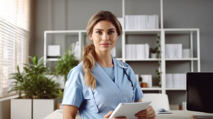 Portrait of female doctor in blue medical uniform standing in office at hospital.