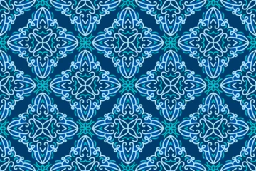 Poster oriental pattern. blue background with Arabic ornament. Pattern, background and wallpaper for your design. Textile ornament. Vector illustration. © Ahmad Taufiq