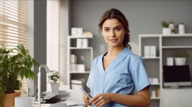 Portrait of female doctor in blue medical uniform standing in office at hospital.