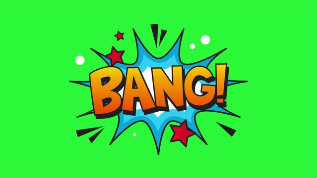 Bang pop art in comic style. cartoon bubble explosions. Bang comic text animation on green screen background.