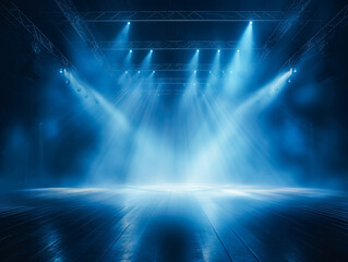 Spotlight on stage with blue lighting, misty atmosphere.