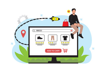 Vector illustration of a man sitting on a computer and shopping online.