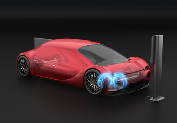 Naklejka premium Metallic red Futuristic Electric Car charging in wireless charging station. Generic design. 3D rendering image.