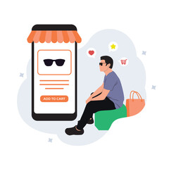 Online shopping concept. Man in sunglasses sitting on the phone screen.