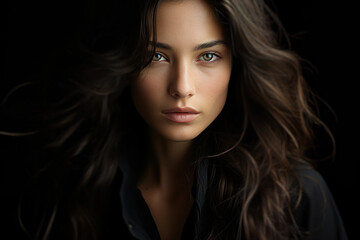 Fototapeta premium Beautiful brunette model girl with long curly hair . Female model hairstyle wavy curls. Fashion , beauty and makeup studio portrait