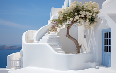 White stairs leading to terrace in Oia, Santorini