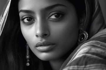 Black and white portrait of elegant beautiful hindu indian female model. Woman in sari. - obrazy, fototapety, plakaty