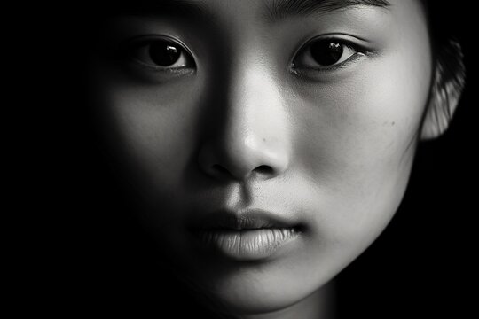 Black and white portrait of a young Asian pretty woman. AI generated close up portrait .