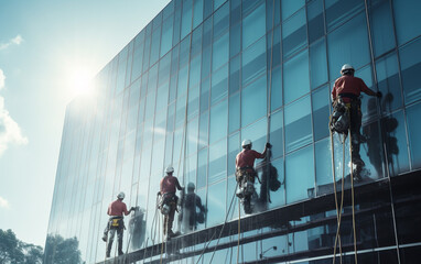 Workers washing windows in the office building - obrazy, fototapety, plakaty