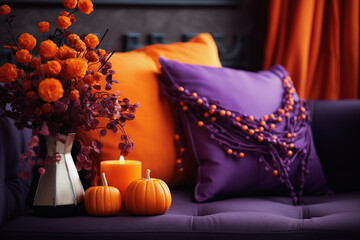 Halloween festive autumnal decor for party. Interior details