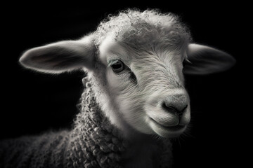 Sheep portrait close-up. Farm animal. White lamb in a studio. Sheep wool breeds.